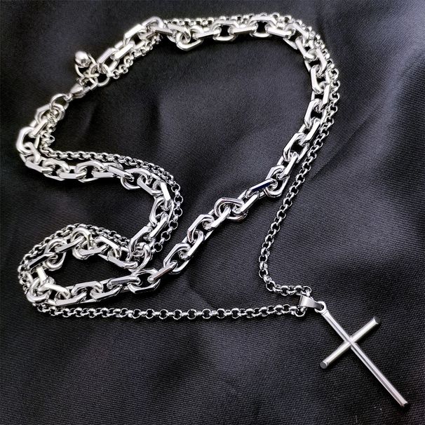 8.5mm & 4mm Width Cross Pendant Double Necklace Stainless Steel Tone for Mens Womens_ipsvogv.com