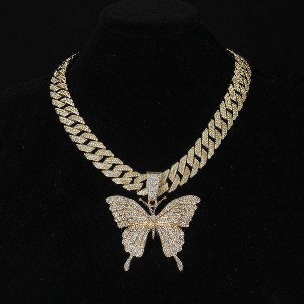Exaggerated personality butterfly pendant diamond alloy necklace set accessories niche new hip hop Cuban chain_ipsvogv.com