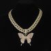 Exaggerated personality butterfly pendant diamond alloy necklace set accessories niche new hip hop Cuban chain_ipsvogv.com