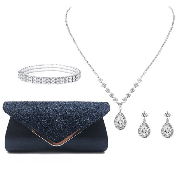 Women Clutch Bag Rhinestone Jewelry Set Shiny Necklace Earrings Bracelet 4 Set Wedding ClutchPursesB_ipsvogv.com