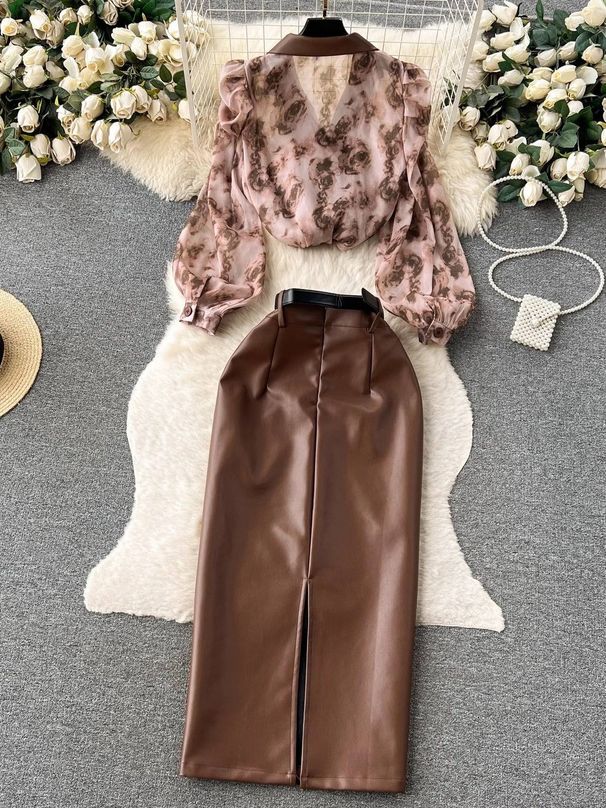 Women's Clothing collar floral chiffon shirt high waist tight PU leather skirt female high end outfit two piece suit_ipsvogv.com