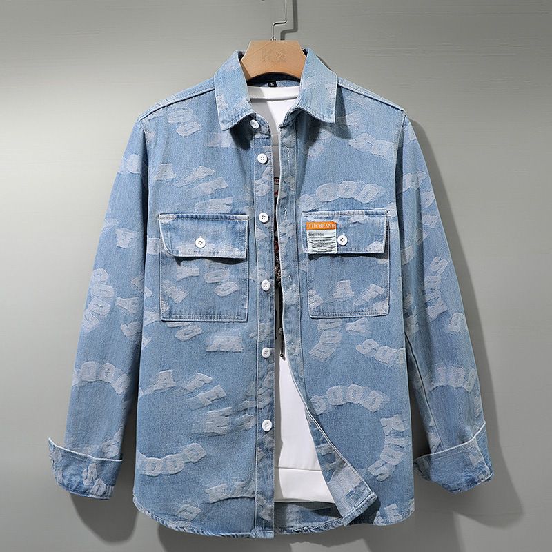 2024New retro color woven jacquard shirt jacket, men's loose casual personalized style long sleeved denim shirt_ipsvogv.com