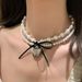 Korean INS Sweet Cool Style Ribbon Bow Heart Double Layer Pearl Necklace For Women Unique Design Clavicle Chain Trend~_ipsvogv.com