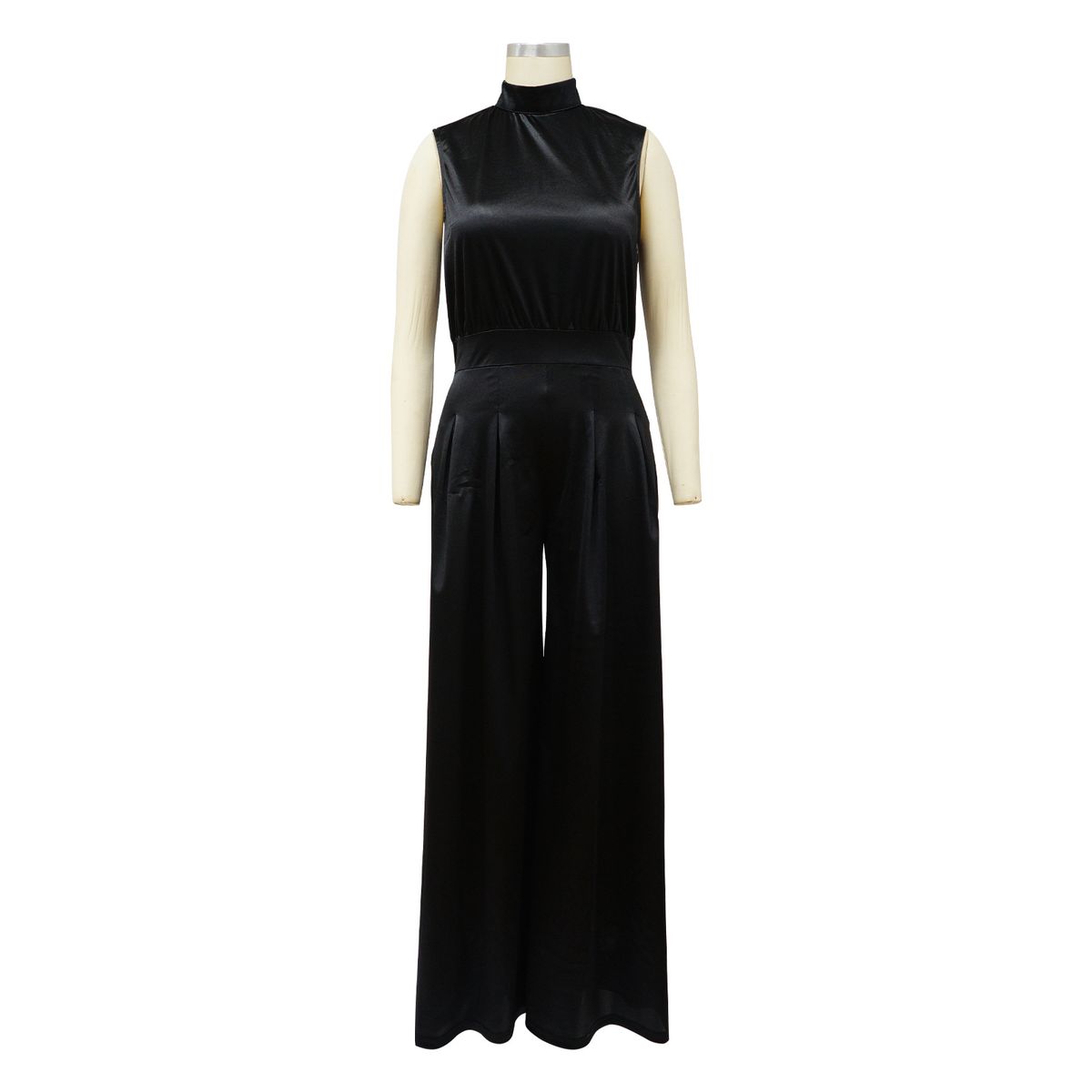 Women's fashion wide leg pants solid color high collar sleeveless waist jumpsuit_ipsvogv.com