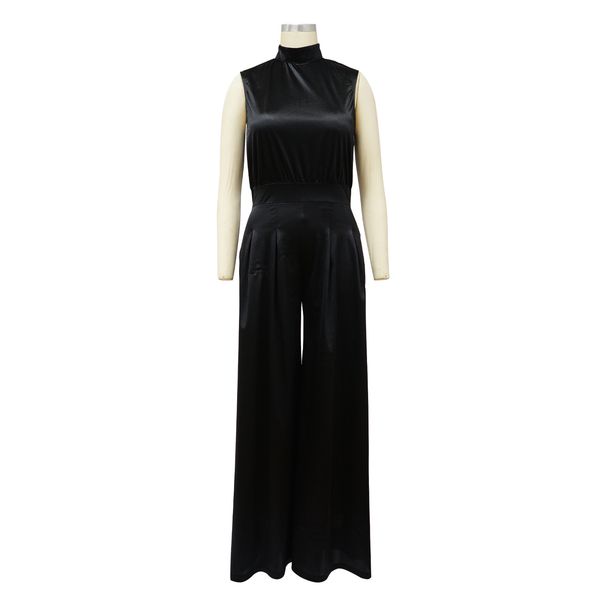 Women's fashion wide leg pants solid color high collar sleeveless waist jumpsuit_ipsvogv.com