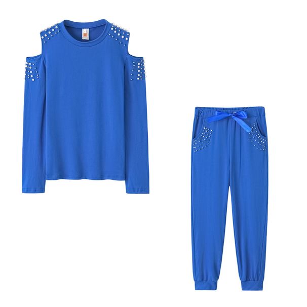 Women's Clothing Autumn Set Sexy Beaded Solid Color Round Neck Long Sleeve Set_ipsvogv.com