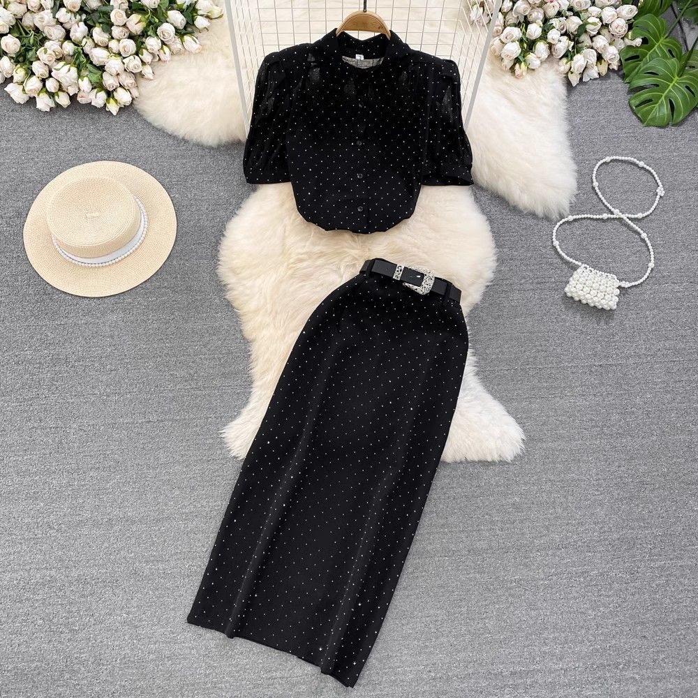 Women's Clothing light mature style, bubble short sleeves, single breasted, polka dot chiffon shirt, two piece suit_ipsvogv.com