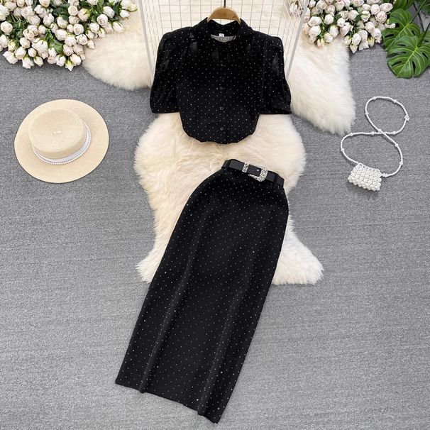 Women's Clothing light mature style, bubble short sleeves, single breasted, polka dot chiffon shirt, two piece suit_ipsvogv.com