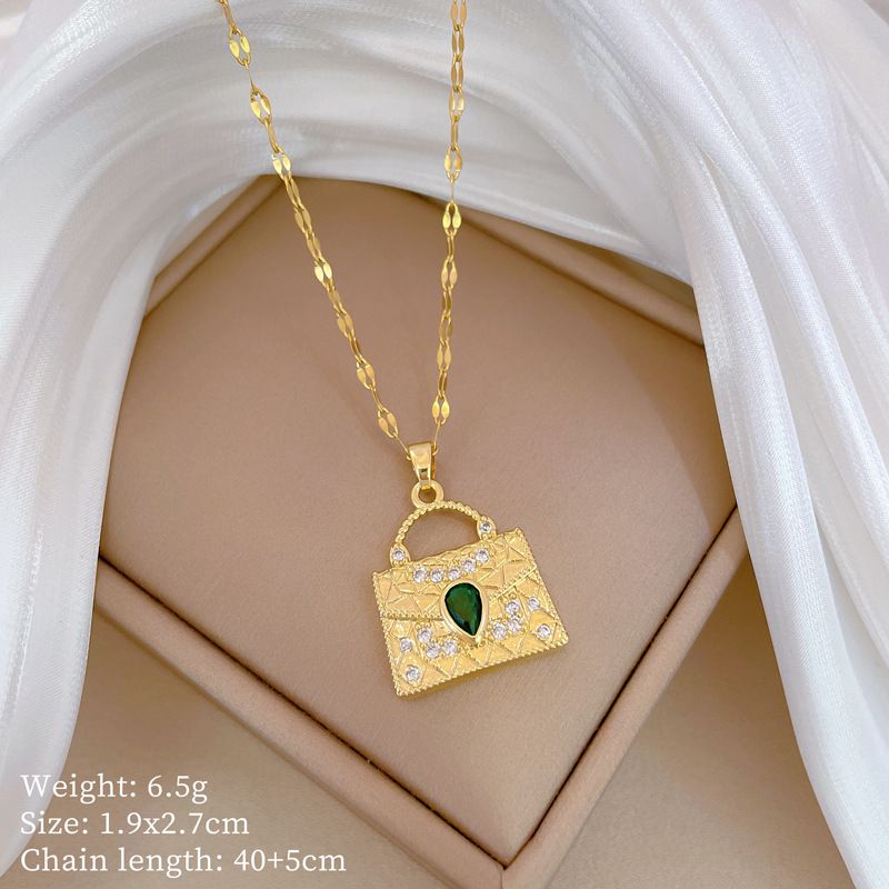 】 Green 【 Bag Light Luxury Charm Gorgeous Full Diamond Necklace Women's Versatile Clavicle Titanium Steel Chain 【 】_ipsvogv.com