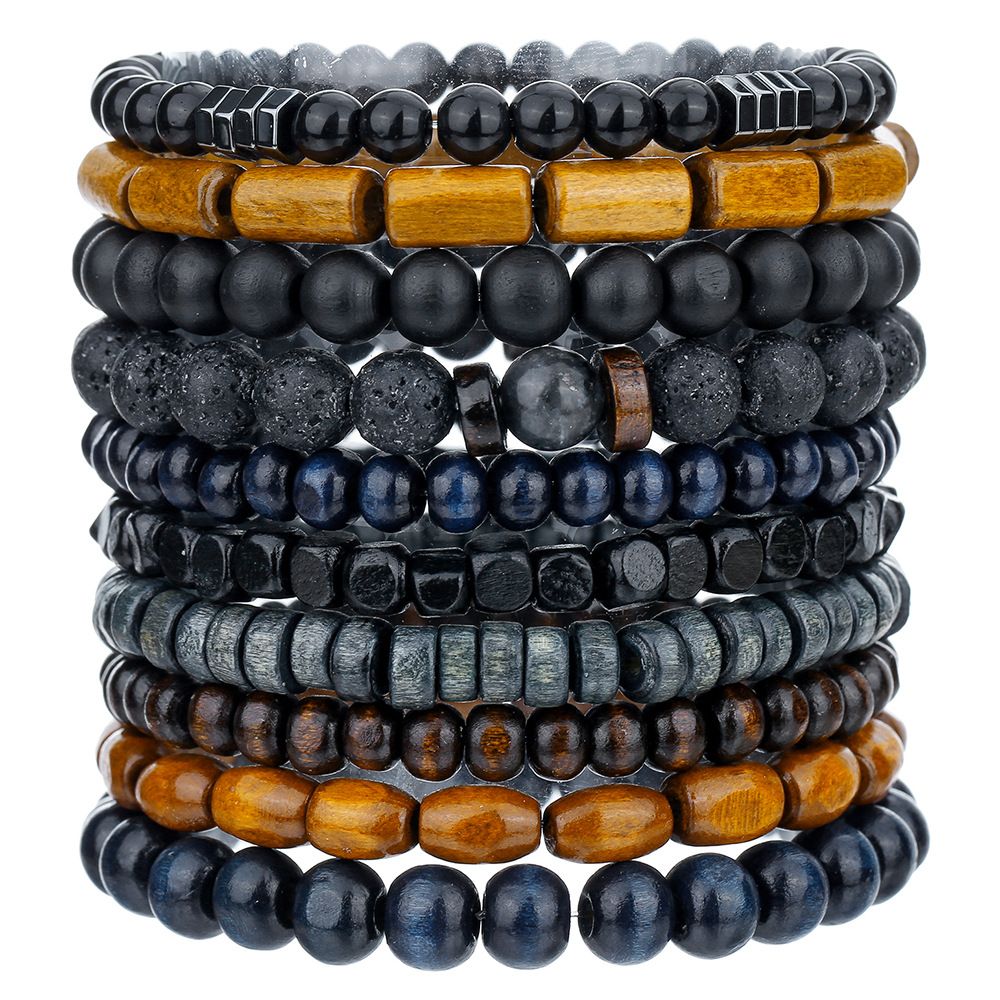 Hot Selling Jewelry For Men, Retro Wooden Beads, Volcanic Stone Elastic Bracelets, Versatile Niche Stacking Bracelet Sets_ipsvogv.com