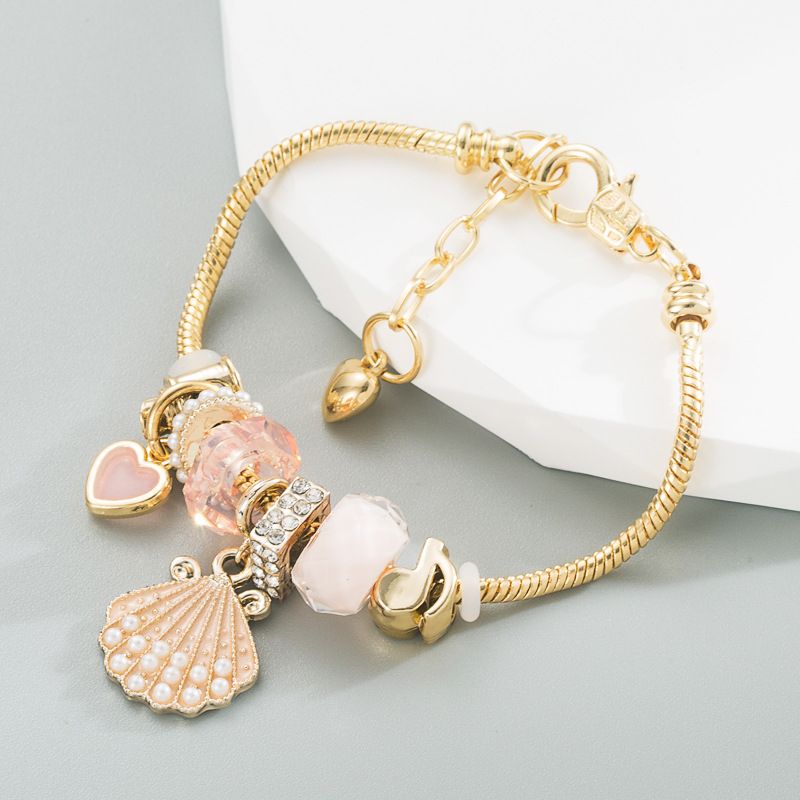 Jewelry Alloy Gold Adjustable Pink Pearl Shell Bracelet Shiny Diamond Ball Pan Dora Style_ipsvogv.com