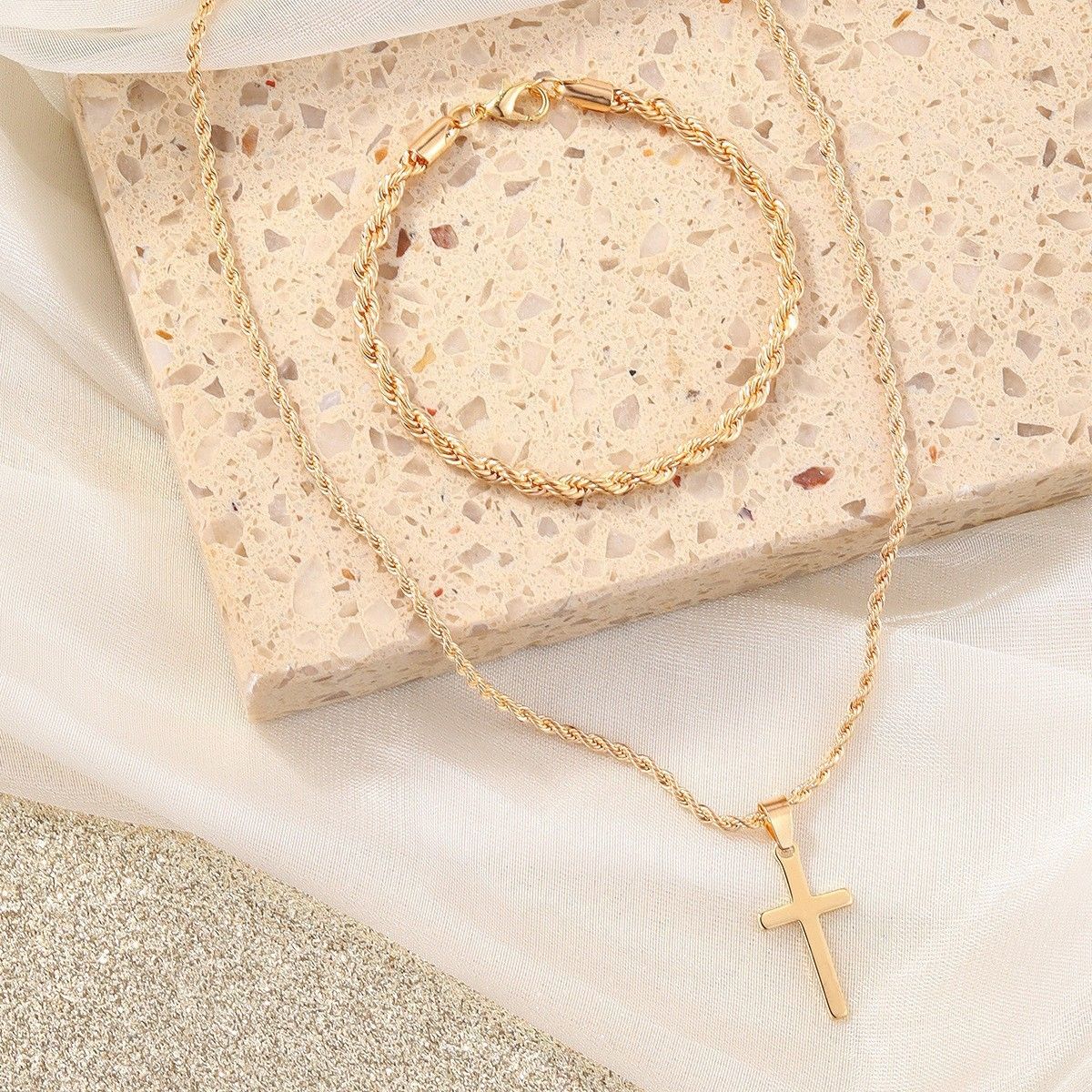 Hip Hop Personality Single Cross Necklace Men's Pendant Bracelet Set Simple And Versatile High End Accessories_ipsvogv.com