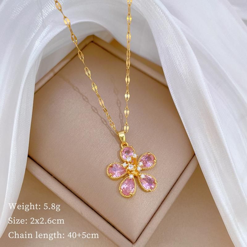 Stainless Steel Lovely Blue Pink Flowers Pendant Necklace Earrings For Women Girl Trendy Jewelry Set Gift Party_ipsvogv.com