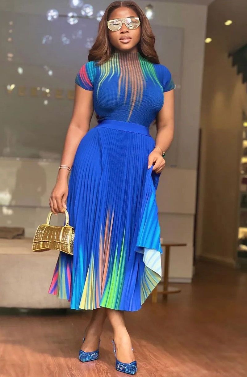 Women's Clothing spring and summer hot style printed short sleeved top half length pleated dress_ipsvogv.com