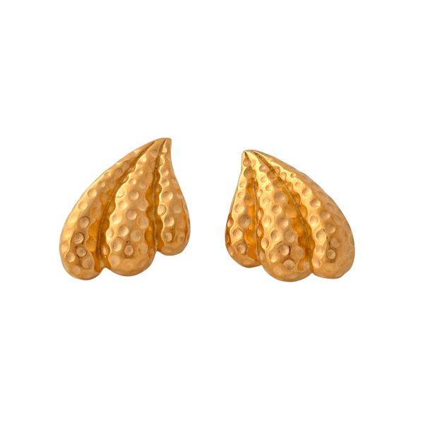 Real Gold Electroplated Titanium Steel VINTAGE Embossed Pointed Heart Wing Earrings_ipsvogv.com