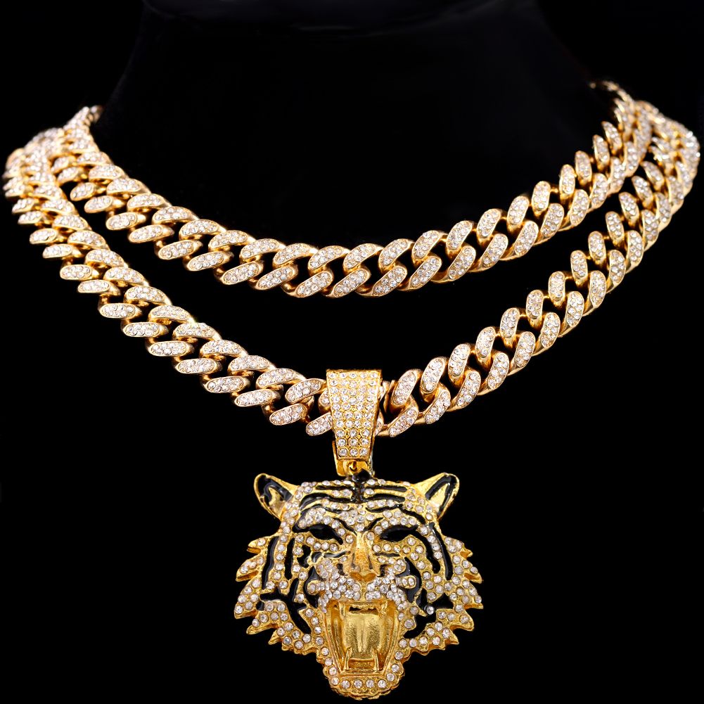 Hip Hop Iced Out Cuban Link Chains For Men Tiger Pendant Necklace Bling Crystal Cuban CZ Stainless Steel Chain Necklaces_ipsvogv.com