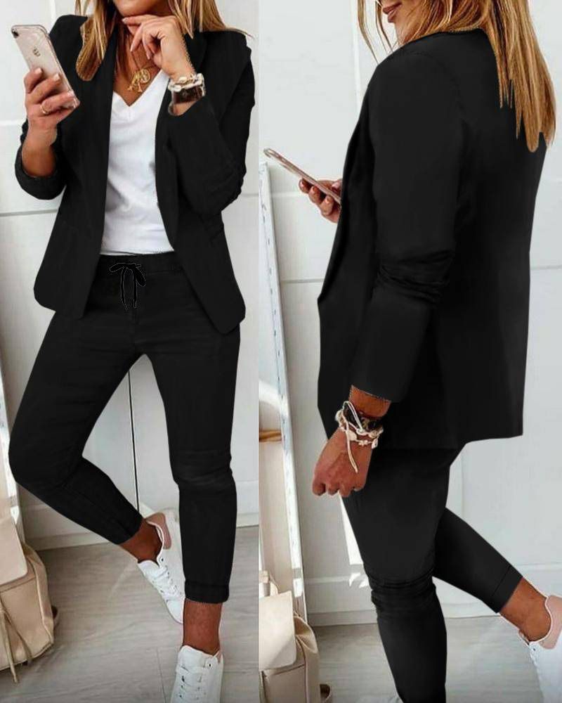 Women's Solid Color Professional Suit Set - Commuting Style Blazer & Pants | Office Workwear Outfit_ipsvogv.com