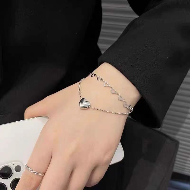 Niche Design Double-layer Hollow Silver Heart Bracelet For Women, Cold High-end Style, Simple And Non Fading Wristband_ipsvogv.com