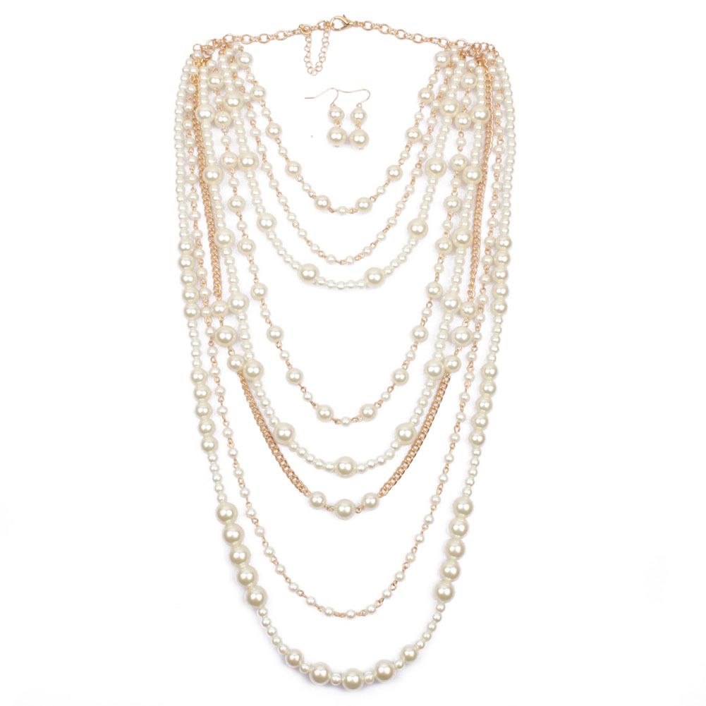 Fashionable with multi-layer pearl necklace, exaggerated temperament, long collarbone necklace 6470_ipsvogv.com