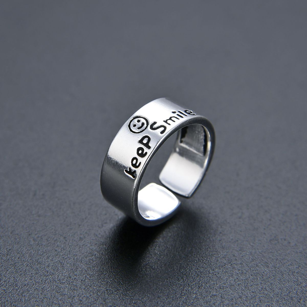 Unisex Niche Design Japanese And Korean Style Personality Smiley Face Open Ring Retro Thai Silver Smile Letter Ring Internet Celebrity Jewelry_ipsvogv.com