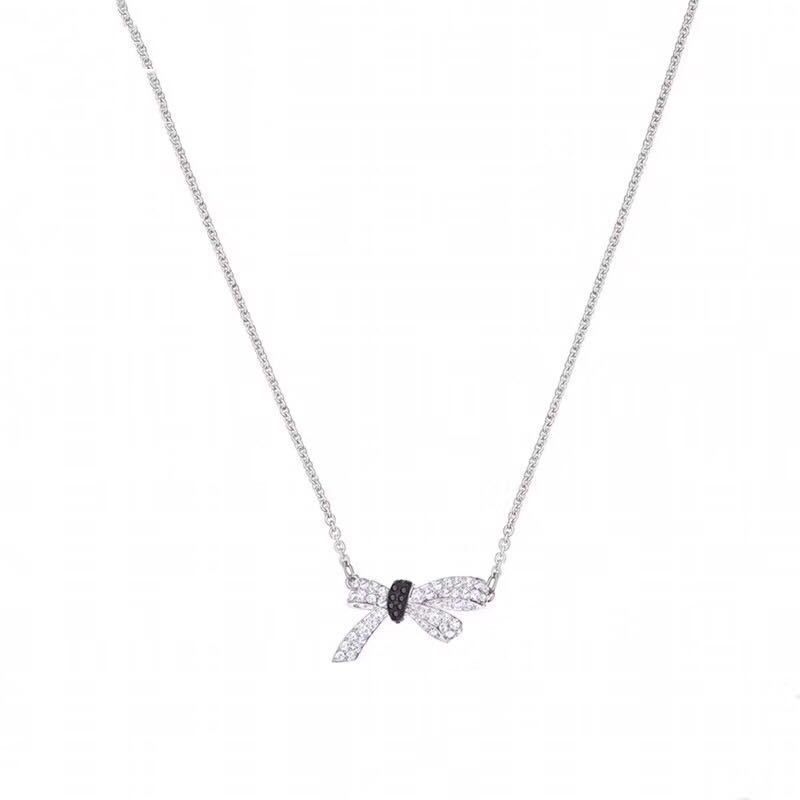 Silver Black And White Full Diamond Bow Necklace Female Element Crystal Clavicle Chain_ipsvogv.com