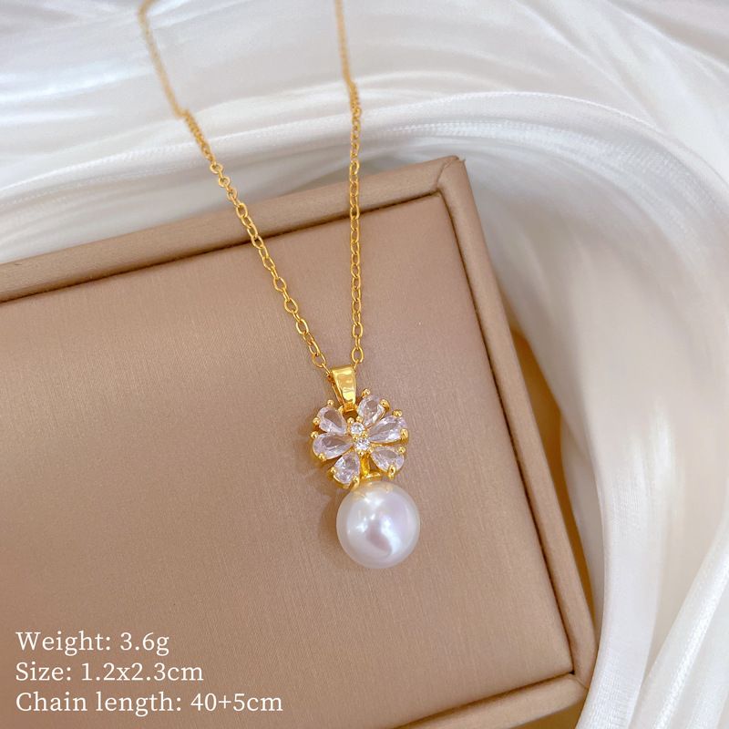 Titanium Steel 【 】 Pearl Flower Light Luxury Temperament Gorgeous Full Diamond Necklace Women's Versatile Collarbone 【 】_ipsvogv.com