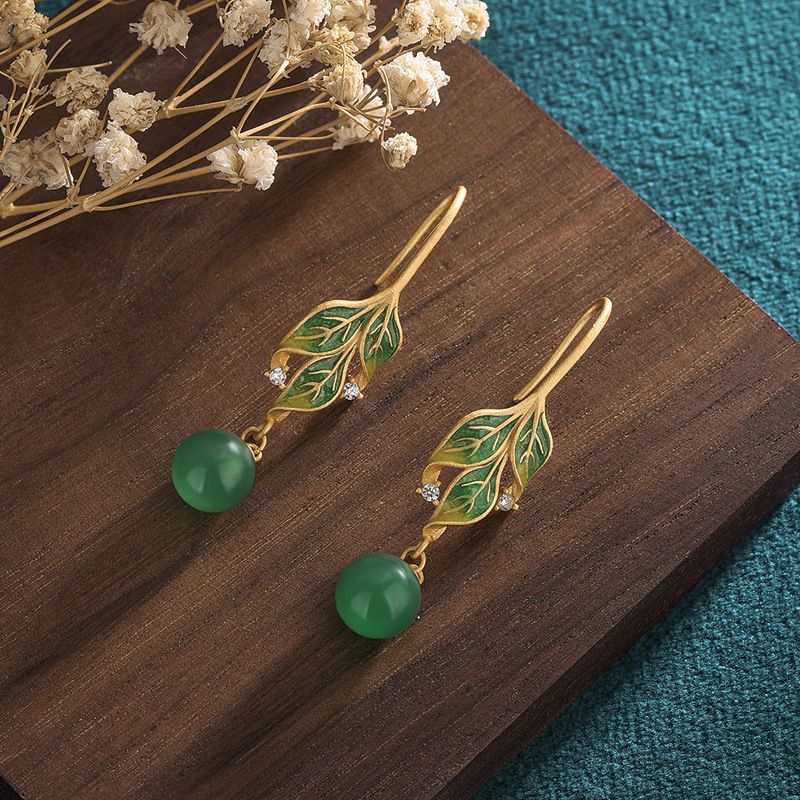 Chinese Style Classical Qipao, Hanfu Accessories, Ancient Gold-plated Cold Enamel Craftsmanship, Leaf Inlaid Jade Pulp_ipsvogv.com