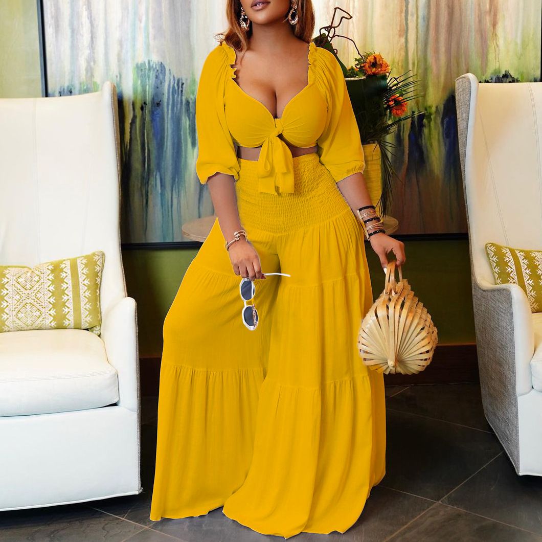 Women's Clothing women's summer fashion casual street suit pleated sexy solid color foreign trade two piece suit_ipsvogv.com