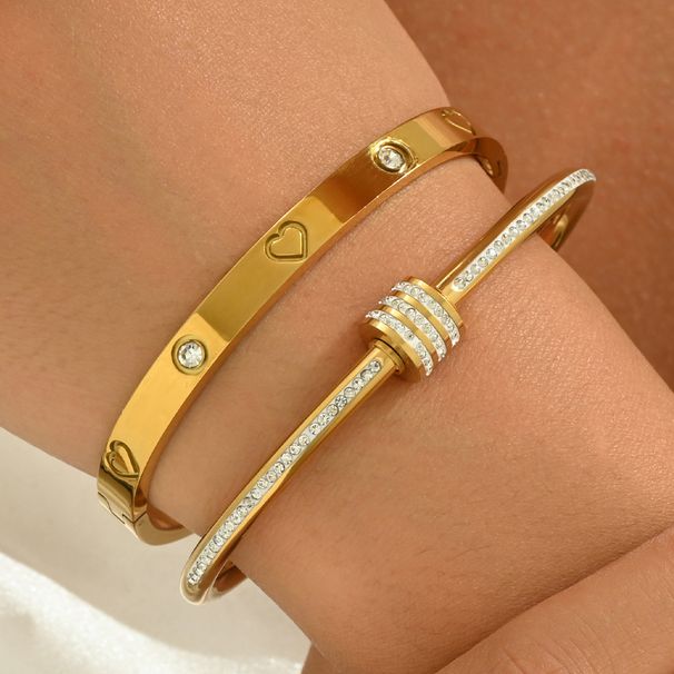 2pcs/set Stainless Steel Set With Dia Nails Small Waist Four Leaf Clover Bracelet Gold Bangles_ipsvogv.com