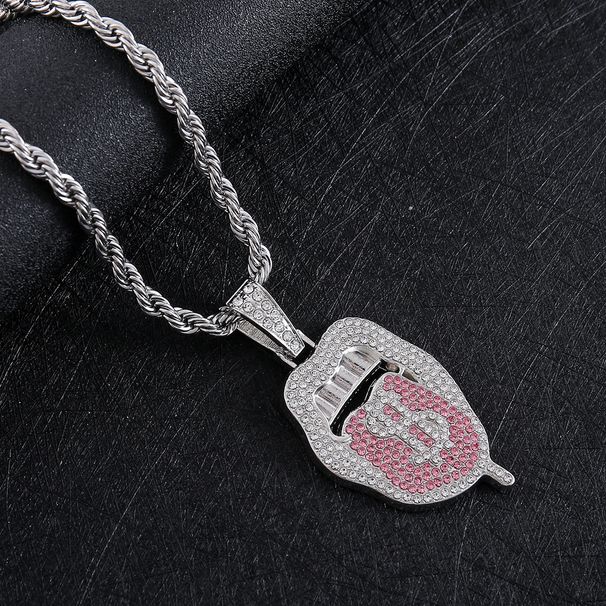 Hip Hop Rap Decoration Full Diamond 3D Dollar Tongue Pendant Trendy Exaggerated Cuban Chain Necklace_ipsvogv.com
