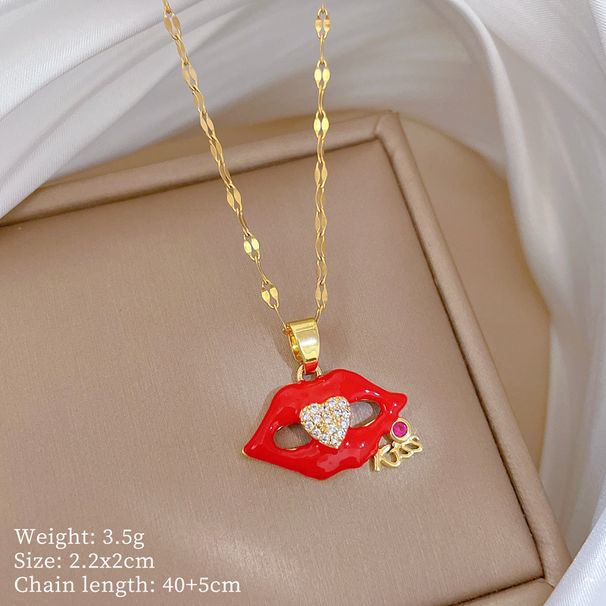 Flame 【 】 Red Lips Zircon Light Luxury Charm Gorgeous Full Diamond Necklace Women's Versatile Clavicle Titanium Steel 【 】_ipsvogv.com