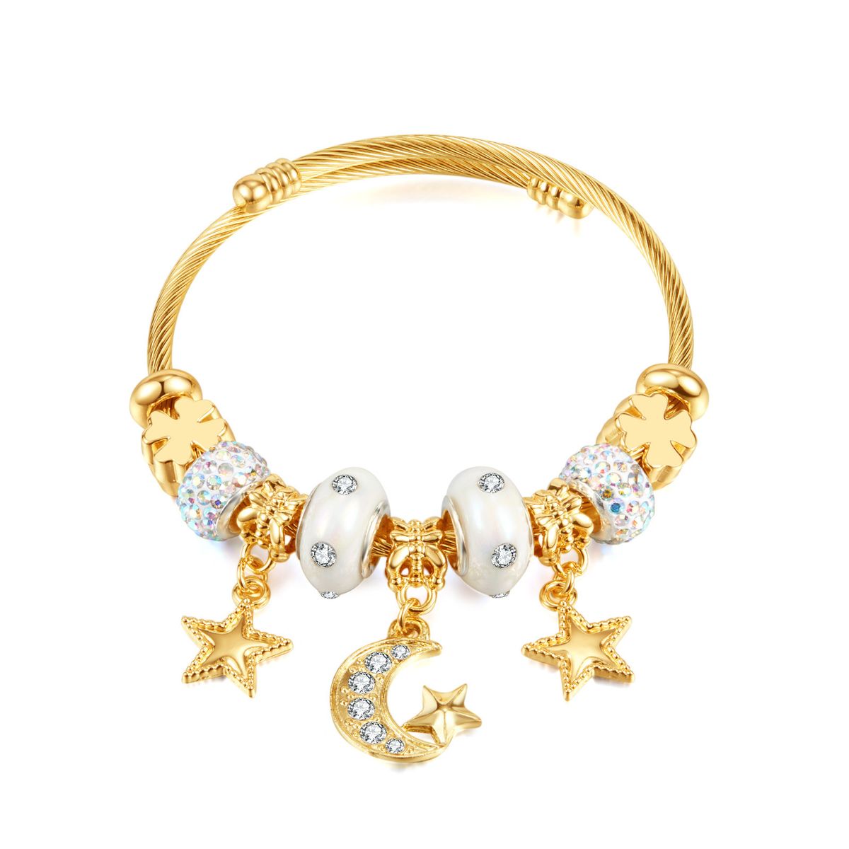Women's Jewelry Fashion DIY Wire Ring Bracelet Personality Star And Moon Pendant Gold Open Titanium Steel Bracelet_ipsvogv.com