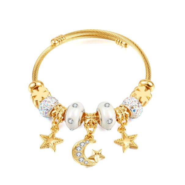 Women's Jewelry Fashion DIY Wire Ring Bracelet Personality Star And Moon Pendant Gold Open Titanium Steel Bracelet_ipsvogv.com