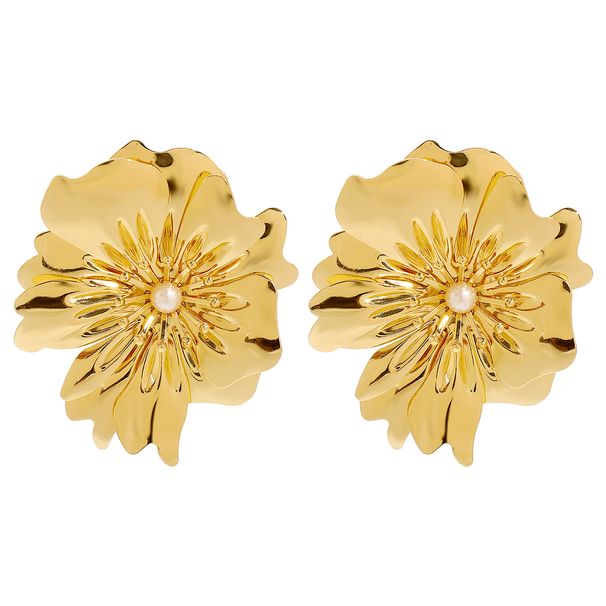 N12265 Jewelry Exaggerated Metal Large Flower Pearl Necklace Earrings_ipsvogv.com