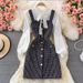 Women's temperament bow tie shirt two-piece suit tweed plaid suspender dress_ipsvogv.com