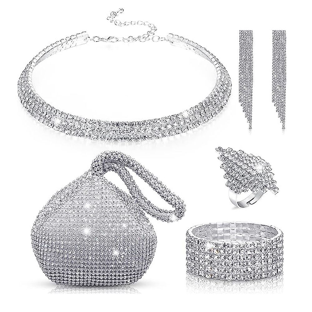 New dumpling shaped evening bag set Ring, earrings, bracelet, necklace five piece set Nightclub fashion celebrity set_ipsvogv.com