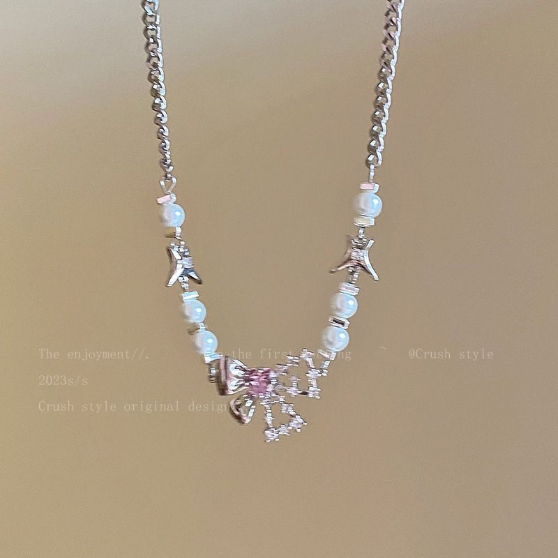 of 【 Collection 5023 People 】 Butterfly ! Knot Zircon Pearl Necklace Women's Summer Internet Celebrity Cool Spicy Girl 【 】_ipsvogv.com