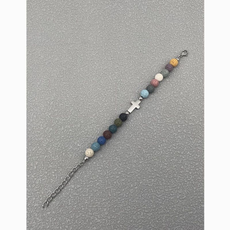 Jiage Colorful Volcanic Stone Round Bead Bracelet Cross Stitching Handmade Stainless Steel Accessories Trendy Men's_ipsvogv.com