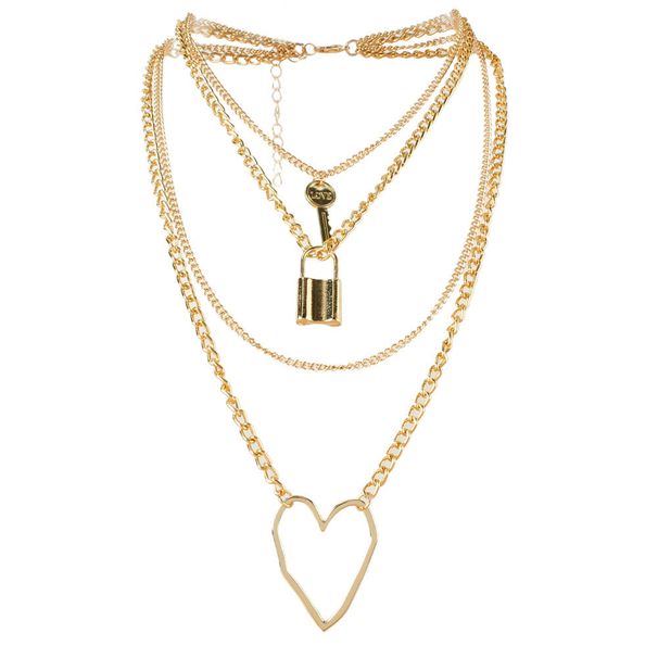 Geometric Heart Pendant Necklace Simple Personality Lock Shaped Multi Layer Clavicle Chain Cross Border Necklace For Women_ipsvogv.com