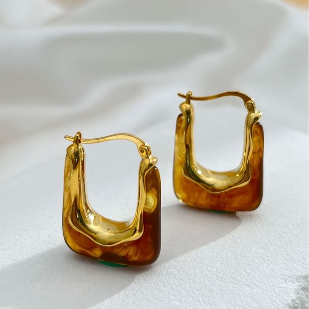 Brass Gold-Plated U-Shaped Amber Melad High-End Sense National Style Niche Design Minimalist Earrings_ipsvogv.com