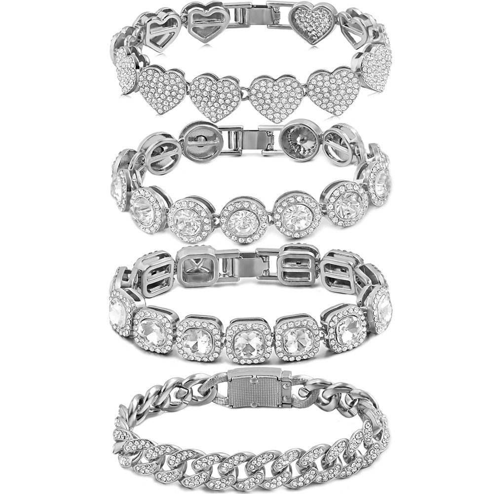 Hip Hop Gold And Silver Inlaid Bracelet Set Full Diamond Heart Round Square Cuban Chain_ipsvogv.com