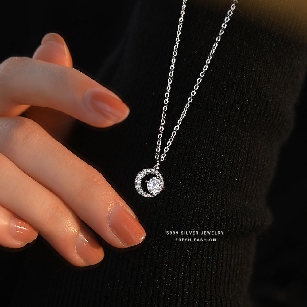 S999 Pure Diamond Star Zircon Necklace For Women, Light Luxury Fashion Moon Pendant, Personalized And Versatile, Full_ipsvogv.com