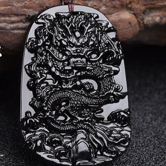 Obsidian Glass Pendant Black Dragon Brand Men's Dominant Couple Agate Bead Necklace_ipsvogv.com