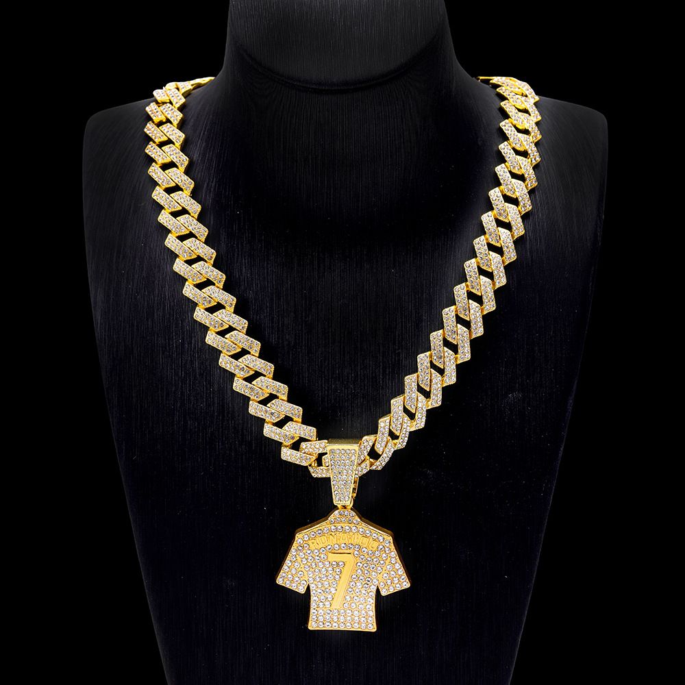 Diamond studded No. 7 jersey pendant, alloy Cuban chain, new style set, daily wear, hip hop style necklace_ipsvogv.com