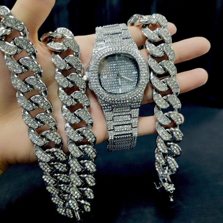 Hot Selling Full Diamond Watch 20mm Cuban Necklace Bracelet Men's Hip-hop Jewelry Set Straight_ipsvogv.com