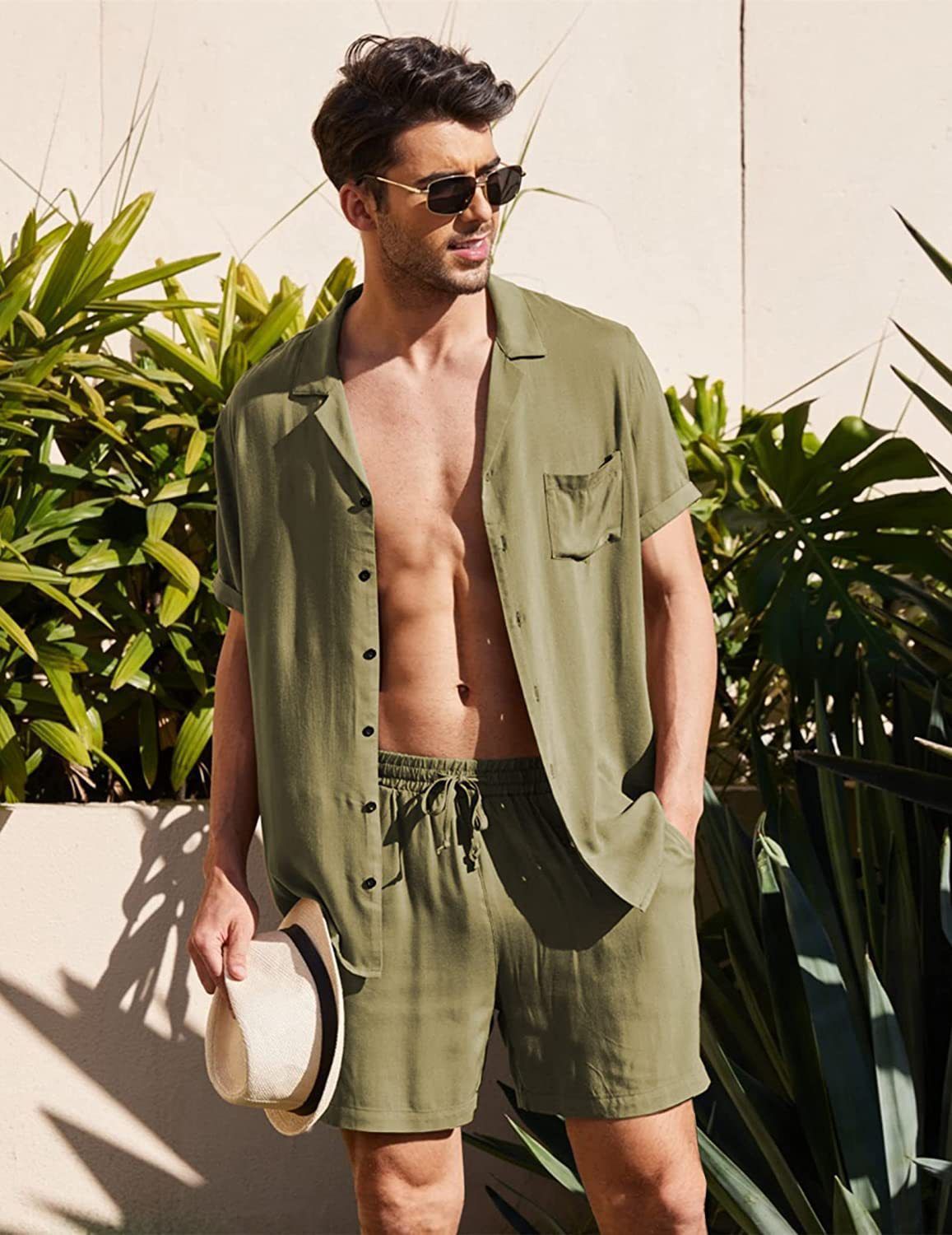 Men's Clothing Linen Short Sleeve Shirt Set Linen Summer Loose Casual Cotton Linen Cardigan Shirt Shorts_ipsvogv.com