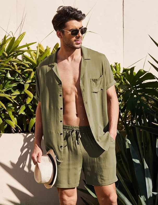 Men's Clothing Linen Short Sleeve Shirt Set Linen Summer Loose Casual Cotton Linen Cardigan Shirt Shorts_ipsvogv.com