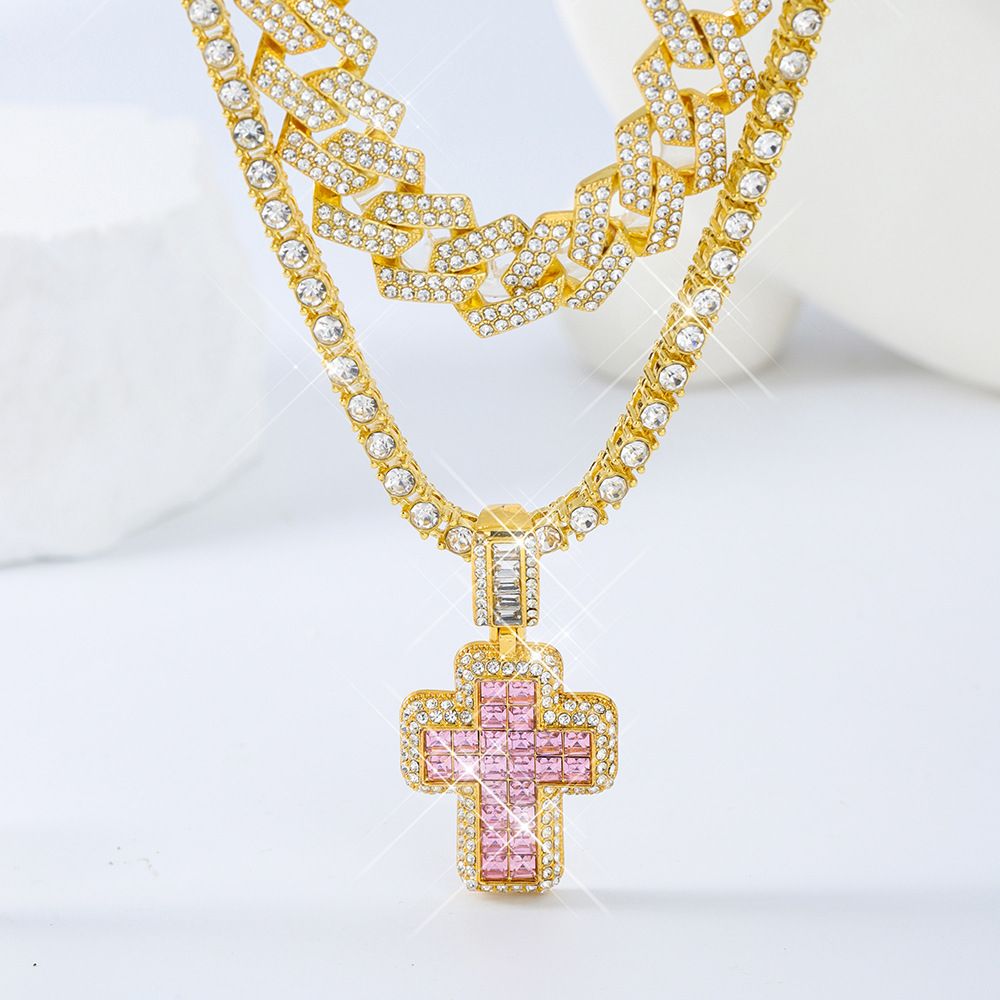New style personality pink cross pendant with diamond Cuban chain tennis chain set alloy street style hip hop accessories_ipsvogv.com