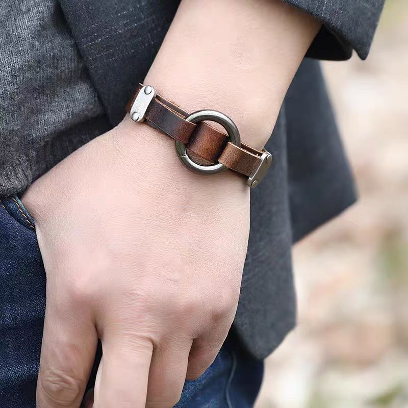 New Creative Personality Men's Leather Bracelet Trendy Jewelry Simple Circle Punk Wristband Hand Decoration_ipsvogv.com