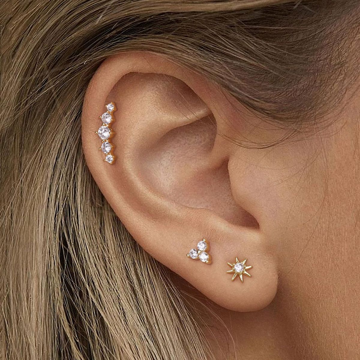 Hot Sales Real Gold Brass Electroplating Simple And Exquisite Small Eight Pointed Star Three Petal Leaf Earrings Three Piece Set_ipsvogv.com